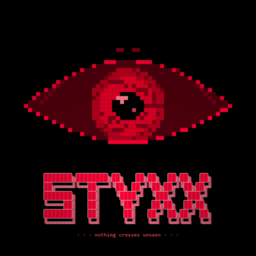 $STYXX — pixel-art eye mark with the tagline 'nothing crosses unseen'
